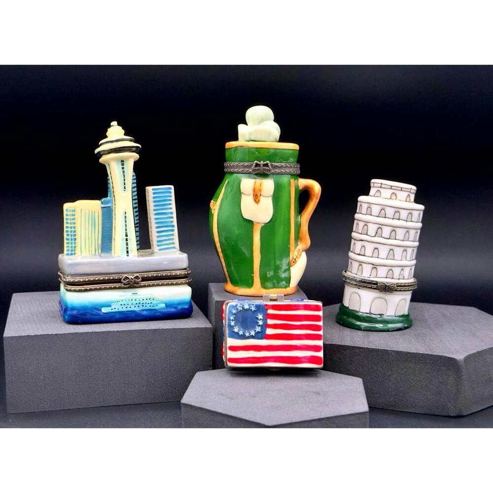4 Ceramic Collectible Trinket Boxes Figurine Featurin Iconic Landmarks & Symbols